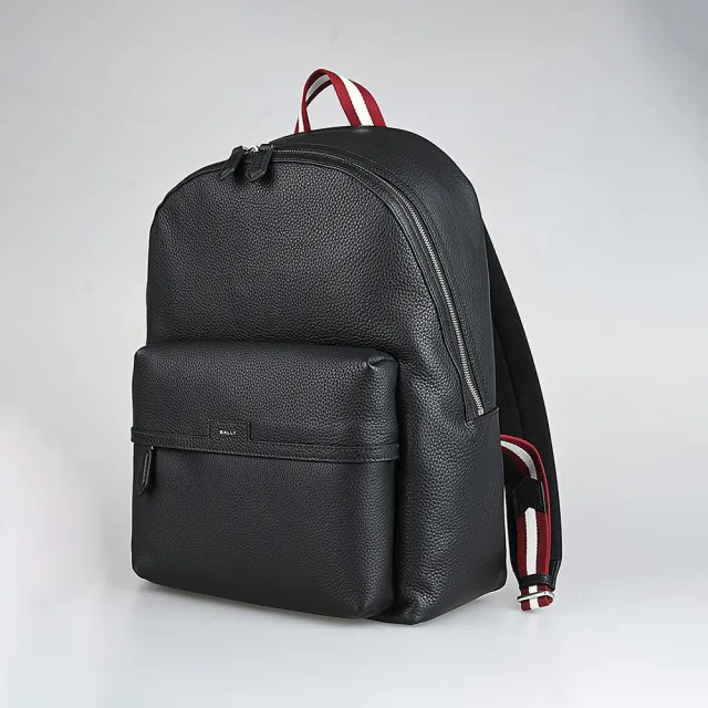 【BALLY】BALLY Code簡約皮標燙印LOGO荔枝紋設計牛皮/帆布拉鍊後背包(黑)