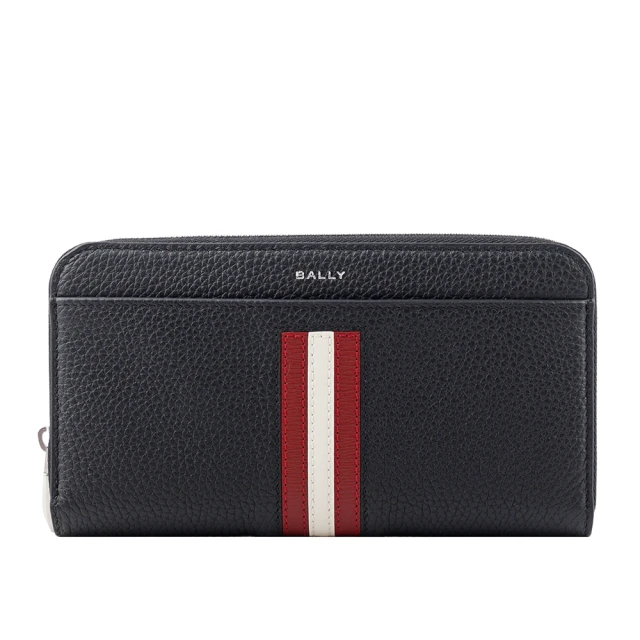【BALLY】Ribbon 紅白條紋牛皮ㄇ形拉鍊長夾(黑色)