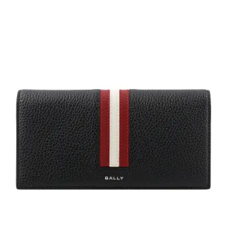 【BALLY】Ribbon 紅白條紋牛皮對開長夾(黑)