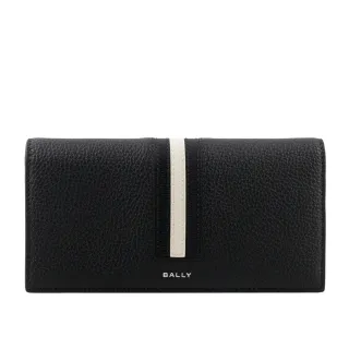 【BALLY】Ribbon 黑白條紋牛皮對開長夾(黑)