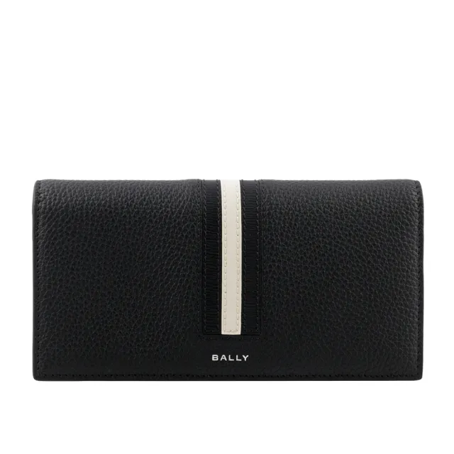 【BALLY】Ribbon 黑白條紋牛皮對開長夾(黑)