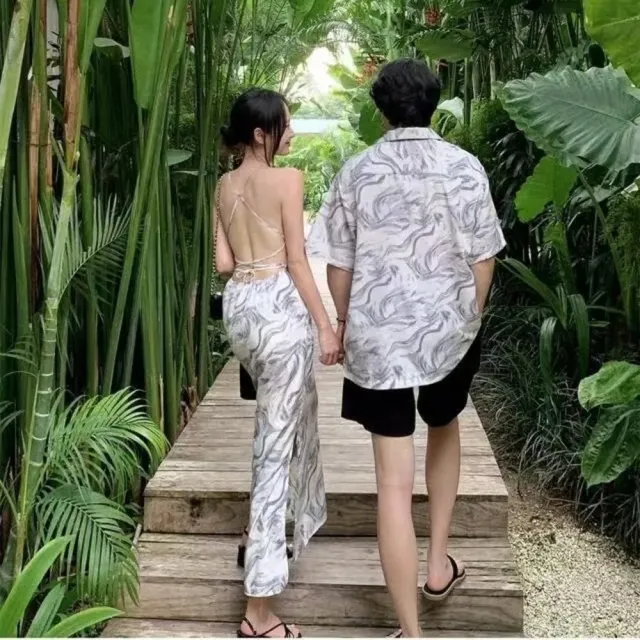 【SeasonsBikini】正韓情侶美背綁帶連身長洋裝/男款度假上衣-KK32(情侶裝襯衫洋裝)