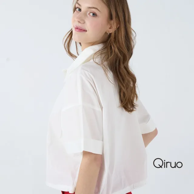 【Qiruo 奇若名品】上等棉質白色造型襯衫小傘狀有領五分袖上衣7059A
