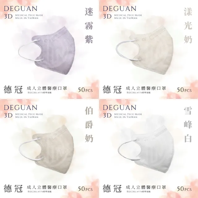 【Deguan】成人3D立體醫療口罩4盒組(50入/盒｜透氣材質｜鼻樑壓條｜彈力耳帶｜MIT製造)
