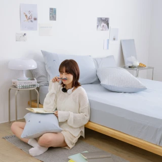 【翔仔居家】雙層紗刺繡 素色床包+刺繡枕套-3件組-小富士(加大)