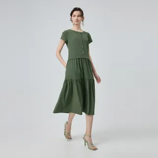 【ILEY 伊蕾】清新開釦收腰短袖長洋裝(深綠；M-XL；1252217512)