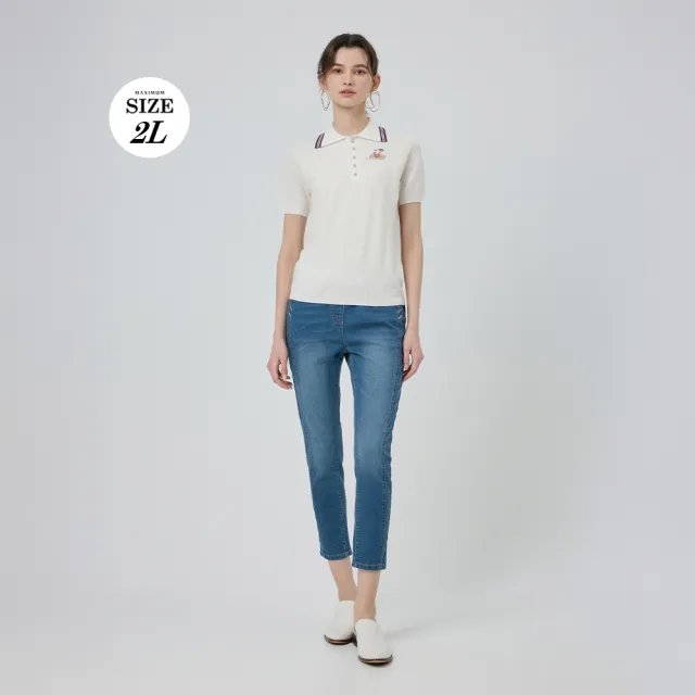 【ILEY 伊蕾】撞色彈力織帶棉質九分牛仔褲(藍；M-2L；1252268605)