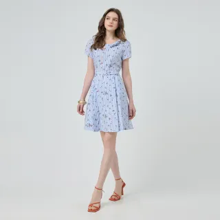 【ILEY 伊蕾】印花條紋收腰純棉洋裝(藍；M-XL；1252027710)