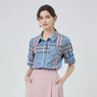 【ILEY 伊蕾】經典格紋七分袖棉質襯衫(淺藍；M-2L；1251071507)