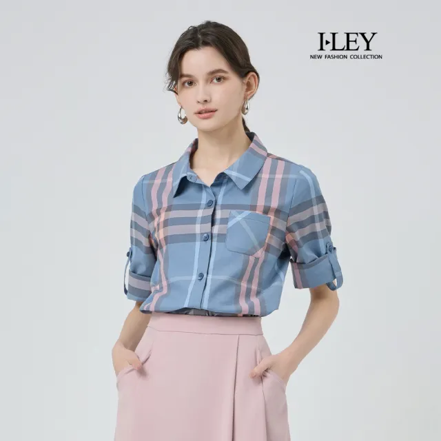 【ILEY 伊蕾】經典格紋七分袖棉質襯衫(淺藍；M-2L；1251071507)