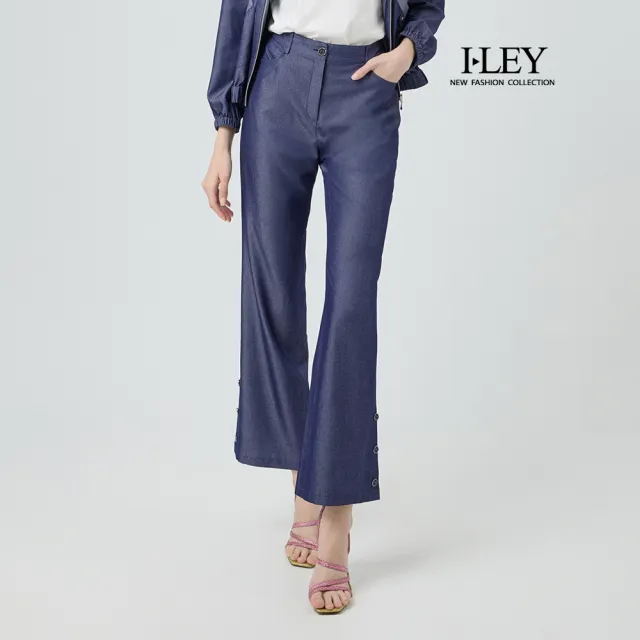 【ILEY 伊蕾】褲腳排釦造型縲縈牛仔褲(藍；M-2L；1251018609)
