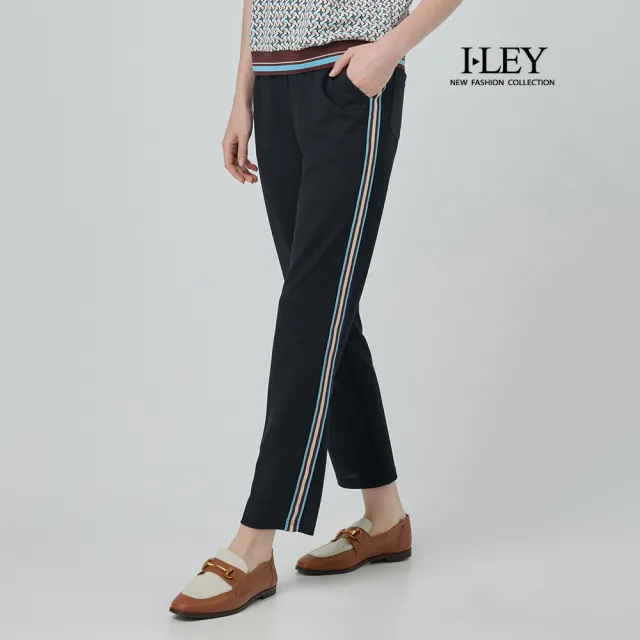 【ILEY 伊蕾】彩條拼接微縮口長褲(深藍；M-2L；1252366405)