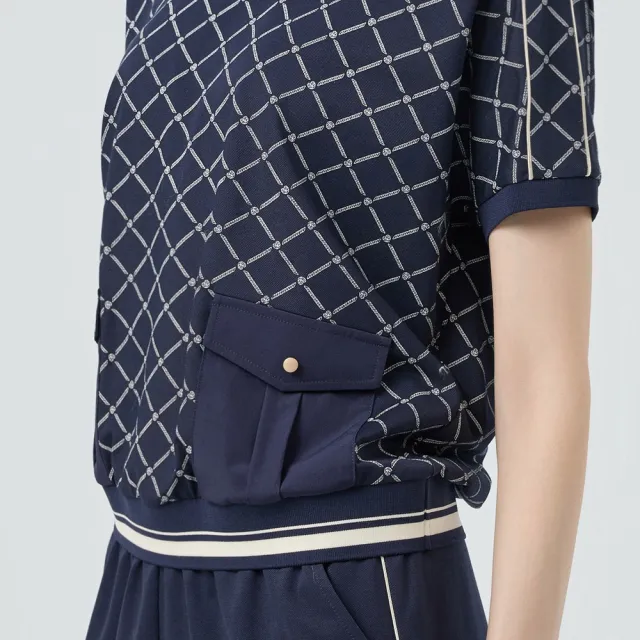 【ILEY 伊蕾】撞色菱格紋縲縈連袖上衣(深藍；M-2L；1252361002)