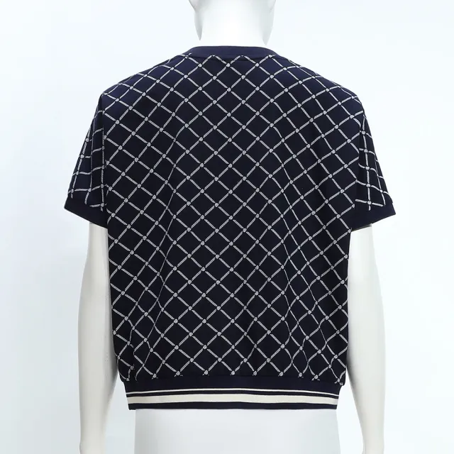 【ILEY 伊蕾】撞色菱格紋縲縈連袖上衣(深藍；M-2L；1252361002)
