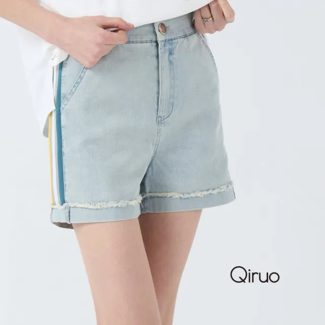 【Qiruo 奇若名品】彈性牛仔布 側邊線條修飾 拉鍊鈕扣設計藍色牛仔短褲708