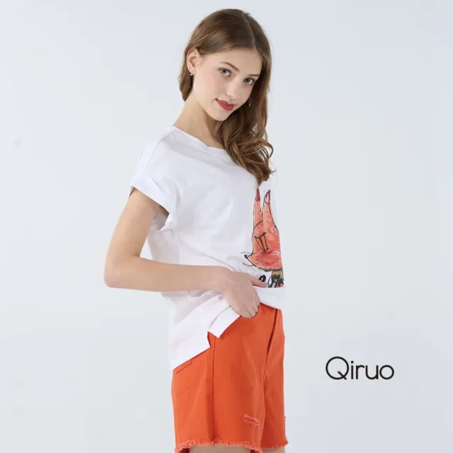 【Qiruo 奇若名品】棉質U領寬短折袖 印花狐狸圖白色上衣7111A