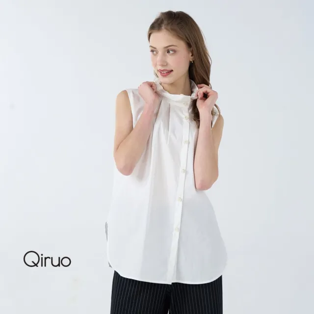 【Qiruo 奇若名品】輕薄棉質小荷葉 小排釦立領白色背心長版圓弧下擺開岔上衣7