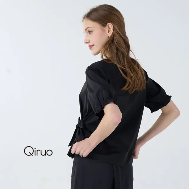 【Qiruo 奇若名品】上等棉 泡泡袖五分袖腰身綁蝴蝶結黑色短袖上衣7041A