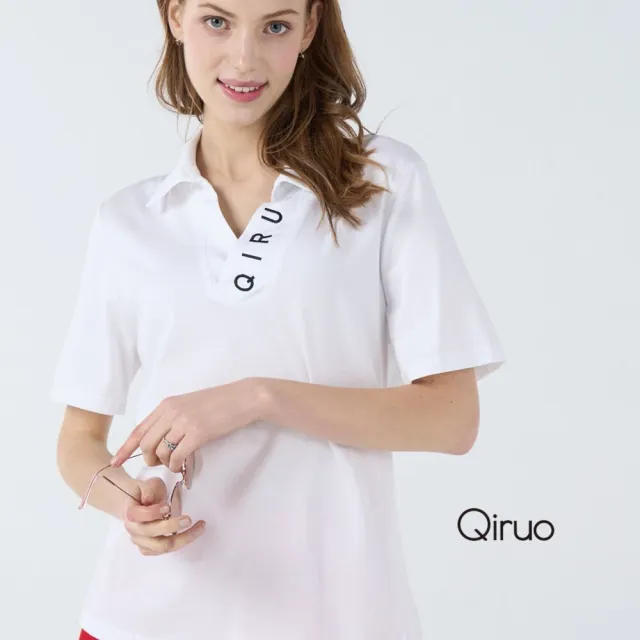 【Qiruo 奇若名品】輕棉質 V領POLO白色短袖上衣 有領滾英文字母7099A