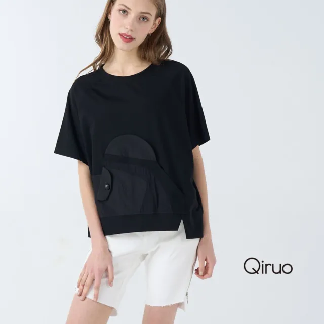 【Qiruo 奇若名品】棉質小圓領 寬款 衣角小開岔黑色短版上衣7022A