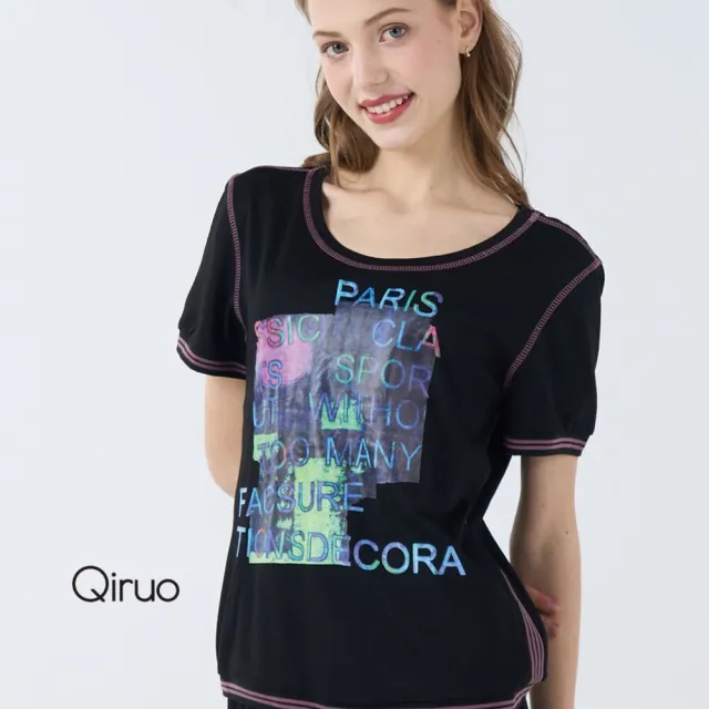 【Qiruo 奇若名品】軟棉質 滾紫色双線 胸前亮彩造型圖 圓領黑色上衣7077A
