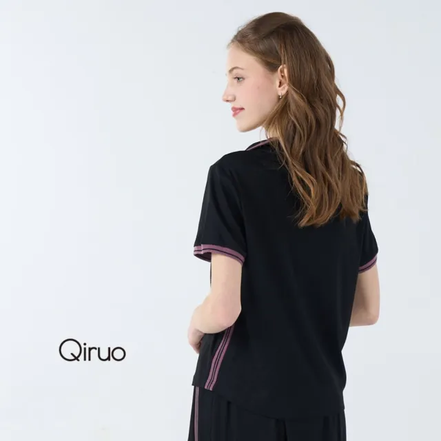 【Qiruo 奇若名品】彈性棉材質 POLO衫 V領黑色短袖上衣 紫色滾邊沒有鈕扣7025A