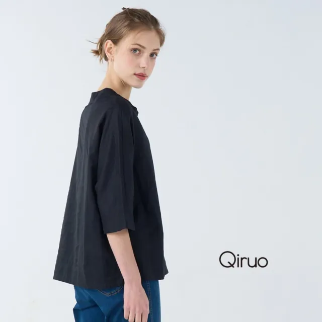 【Qiruo 奇若名品】棉麻質感七分袖大圓弧領 寬鬆古風腰間車縫大花 黑色上