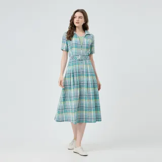 【ILEY 伊蕾】田園風格紋收腰純棉洋裝(綠；M-XL；1252167220)