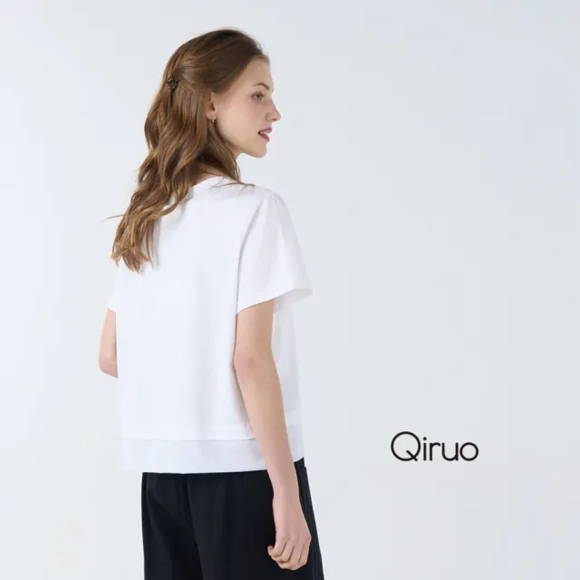 【Qiruo 奇若名品】棉質紗質雙拼 大口袋短袖圓領造型白色上衣7076A