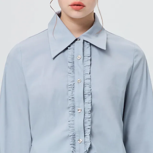 【OUWEY 歐薇】前襟小荷葉抽帶長袖襯衫(藍；S-L；3251321505)