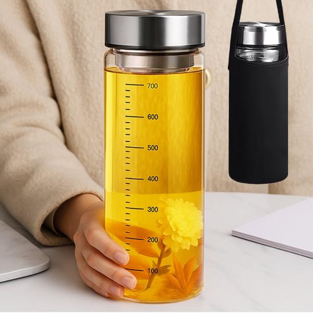 【KARY】800ml帶刻度大寬口高耐熱玻璃泡茶水杯(加碼贈可提隔熱杯套)