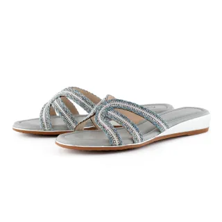 【MAGY】典雅雙色編織亮鑽低跟拖鞋(藍色)