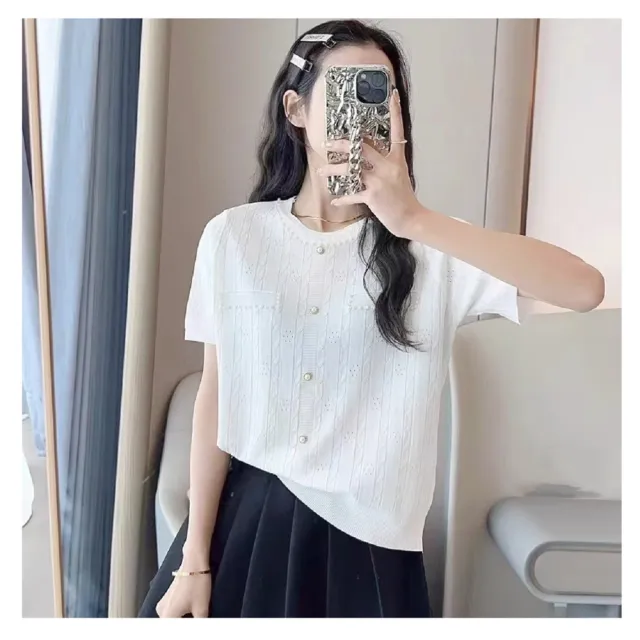 【R.NETS】雅芮絲 優雅小香風珍珠釦冰絲針織衣