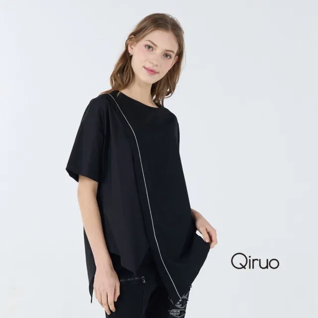 【Qiruo 奇若名品】精細棉質 圓領長版下擺開叉 滾線設計黑色上衣7086A