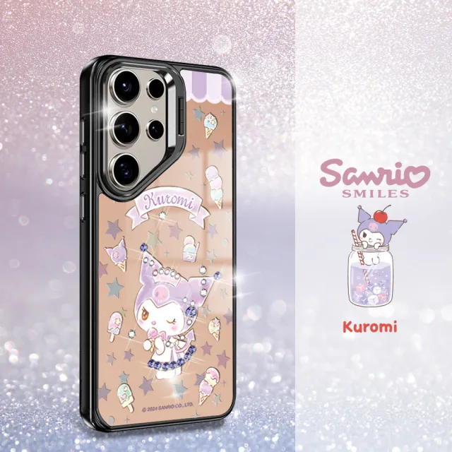 【apbs】三麗鷗 Samsung S25/S24/S23系列 軍規防摔合金框隱形立架鏡面彩鑽手機殼(庫洛米霜淇淋-黑框)
