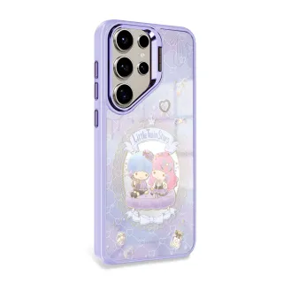 【apbs】三麗鷗 Samsung S25/S24/S23系列 軍規防摔合金框隱形立架鏡面磁吸手機殼(魔鏡雙子星-紫框)