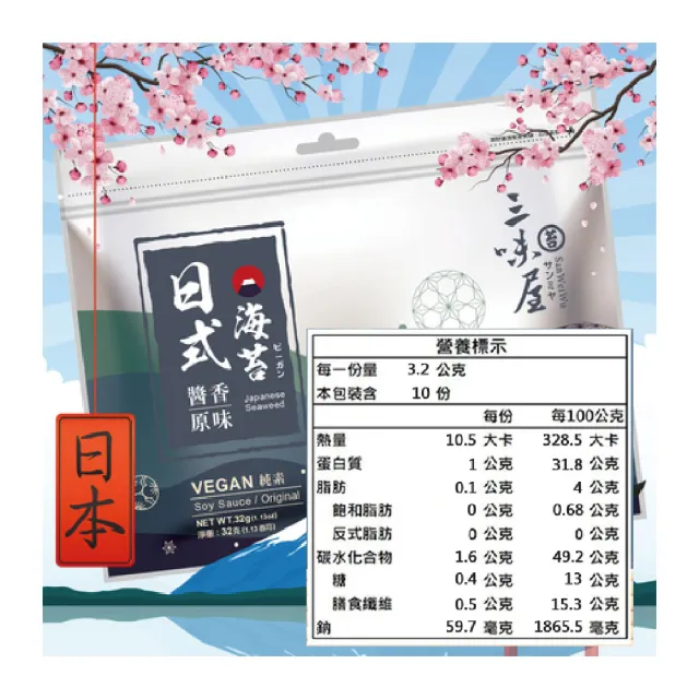 【三味屋】日式 醬香 海苔 原味 純素32gx20包/箱(雙潔淨標章)