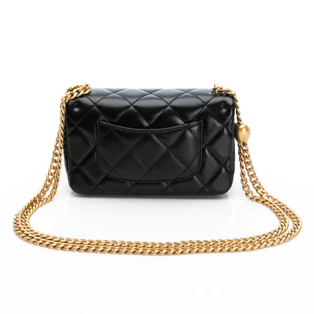 【CHANEL 香奈兒】25C Mini Flap bag(黑/金-細紋/金黑雙色愛心鏈帶)