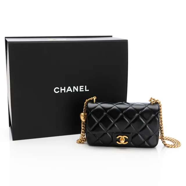 【CHANEL 香奈兒】25C Mini Flap bag(黑/金-細紋/金黑雙色愛心鏈帶)