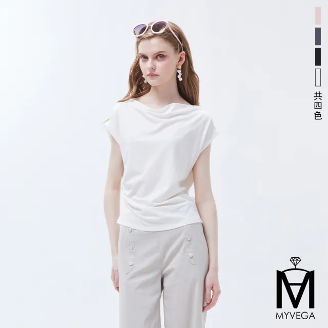 【MYVEGA 麥雪爾】MA一字領皺褶收腰上衣-共四色(女上衣/涼感/短袖/平口)