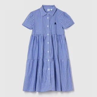 【GAP】女童裝 純棉小熊刺繡翻領短袖牛仔洋裝-藍色條紋(781771)