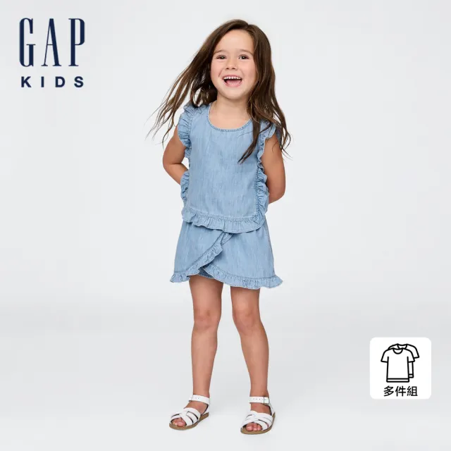 【GAP】女幼童裝 純棉圓領無袖短褲牛仔家居套裝-中度水洗(778436)