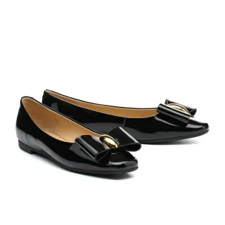 【HELENE_SPARK】甜美氣質亮感蝴蝶結全真皮方頭平底鞋(黑)