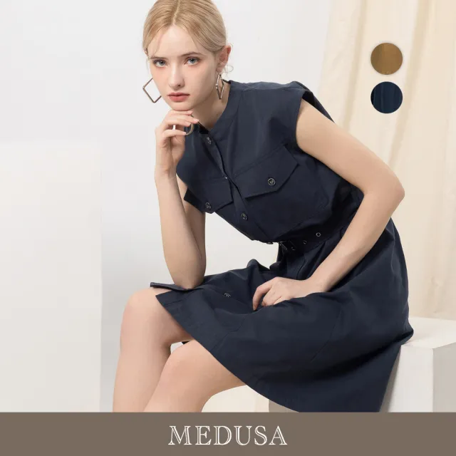 【MEDUSA 曼度莎】現貨-工裝風衣感鈕釦休閒洋裝 - 2色（M-XL）｜休閒洋裝 腰帶洋裝 短洋裝(601-91506)