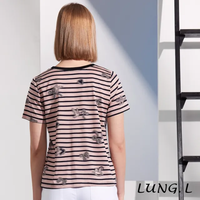 【LUNG.L 林佳樺】LS32A 粉色條紋提花斜邊抽褶短袖棉質女裝上衣(春夏新品)
