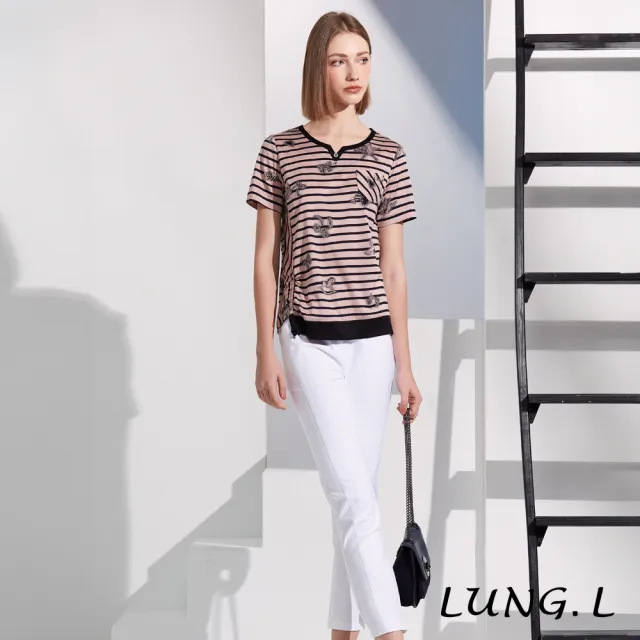 【LUNG.L 林佳樺】LS32A 粉色條紋提花斜邊抽褶短袖棉質女裝上衣(春夏新品)
