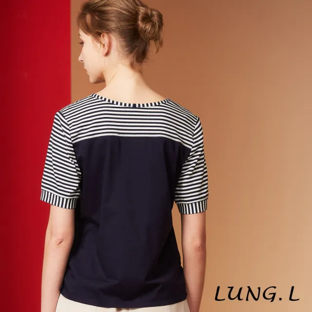 【LUNG.L 林佳樺】LS41A 黑白條紋拼接藍色假門襟短袖棉質女裝上衣(春夏新品)