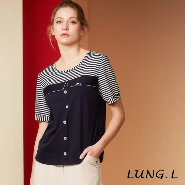 【LUNG.L 林佳樺】LS41A 黑白條紋拼接藍色假門襟短袖棉質女裝上衣(春夏新品)