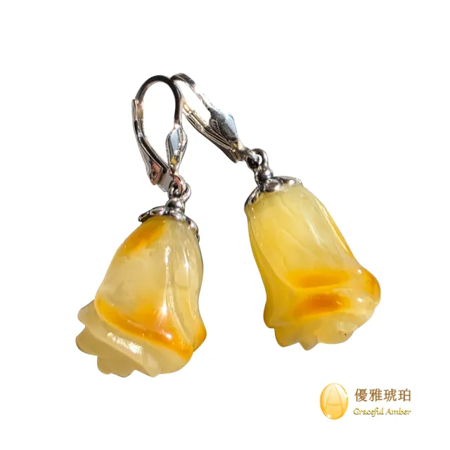 【優雅琥珀】白花蜜蠟 玫瑰耳環(手工雕刻 925純銀 具證書)