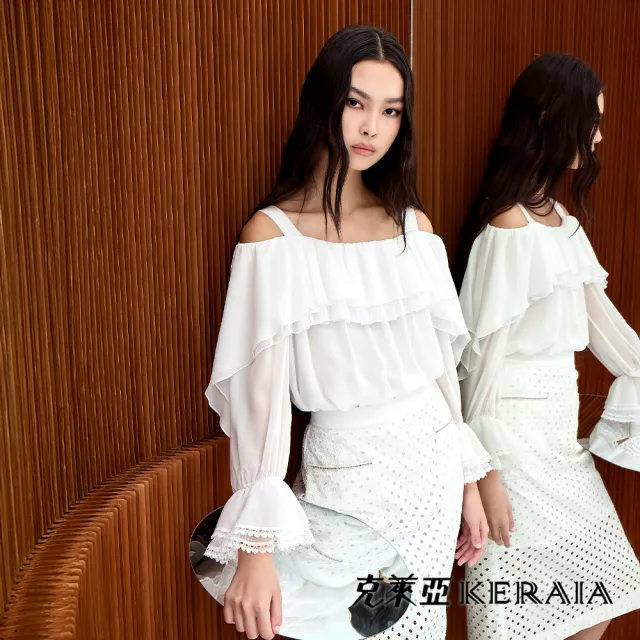 【KERAIA 克萊亞】仙雲霧林浪漫荷葉露肩雪紡上衣